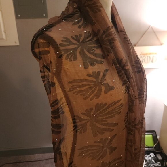 Elegant Copper Silk and Velvet Palm Print Scarf - Picture 2 of 8